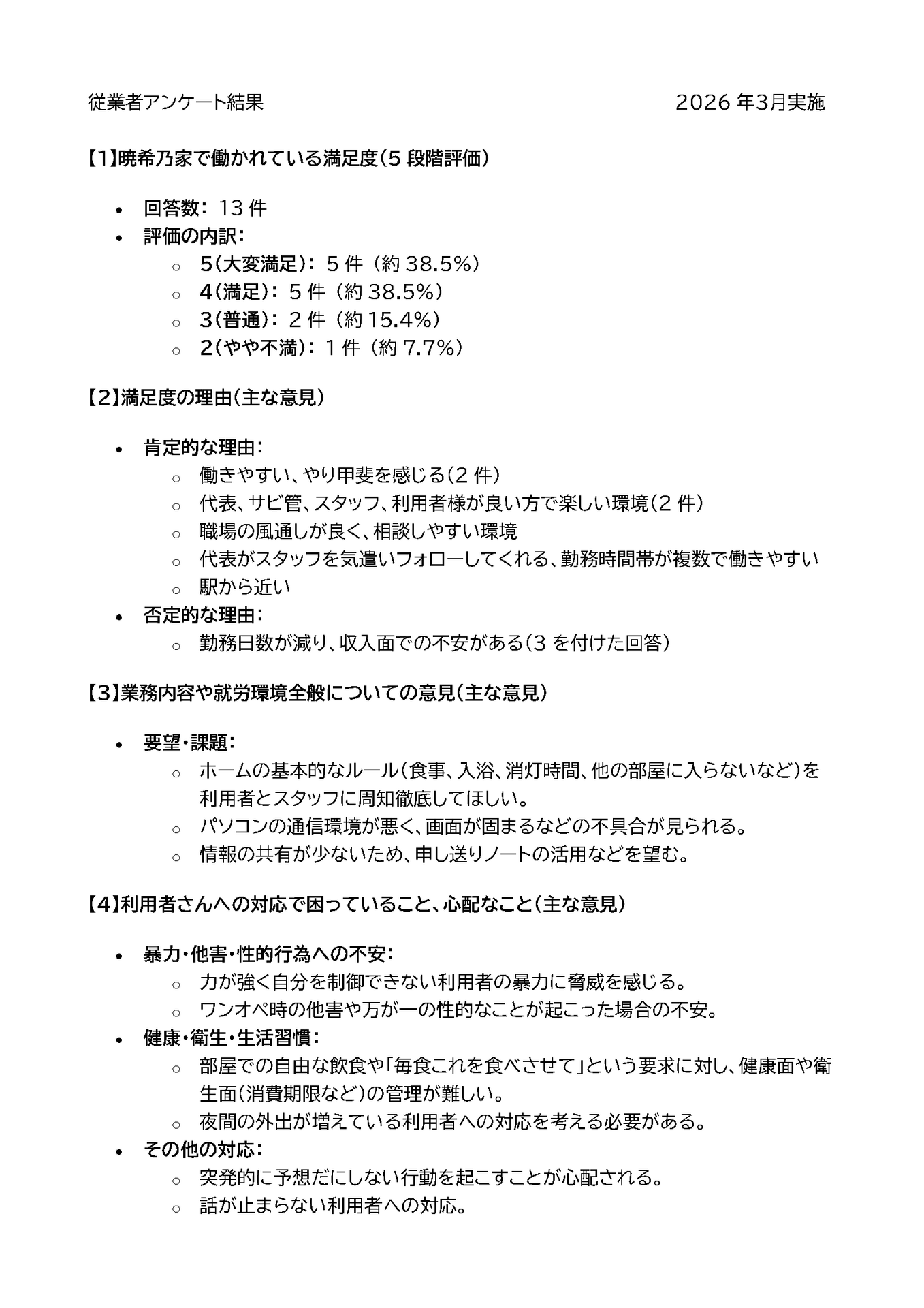 従業者アンケート結果2026年３月実施